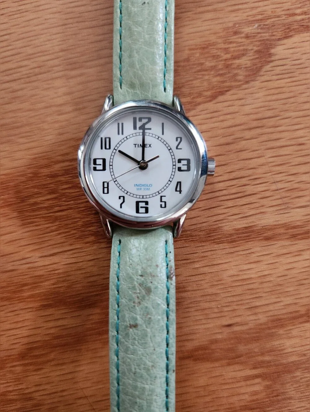 Timex Indiglo WR 30m Mint Green Leather Strap Watch with Silver Case